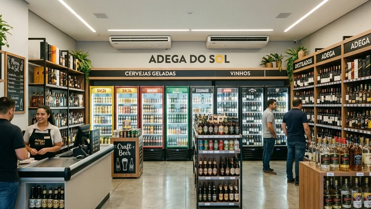 Lojas de bebidas. Interior de uma loja de bebidas moderna no Brasil, com paredes repletas de expositores refrigerados em um ambiente limpo