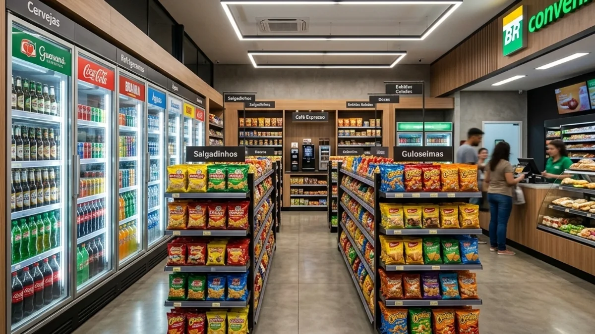 Conveniências. Interior de uma loja de conveniência moderna no Brasil, com prateleiras organizadas e parede de expositores refrigerados de bebidas