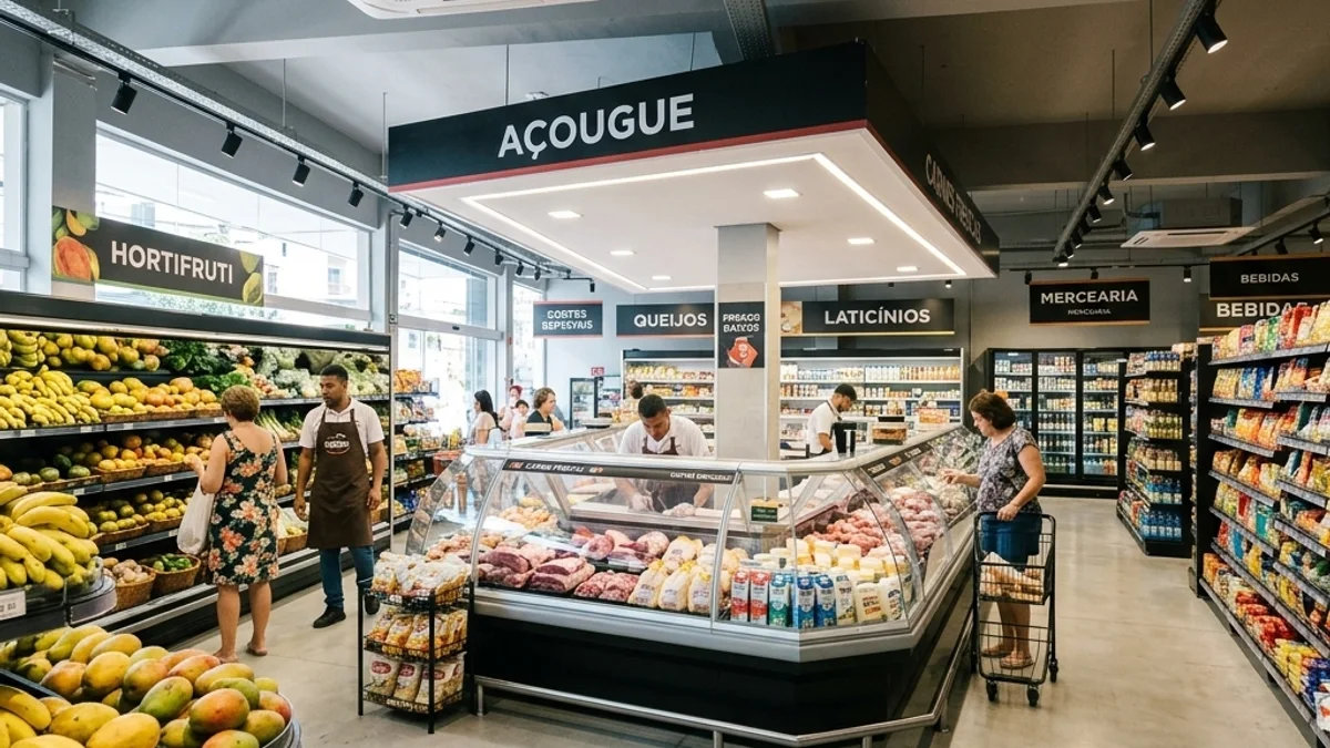 Mercadinhos. Interior de um mercado moderno no Brasil, destacando corredores de produtos frescos e balcões refrigerados
