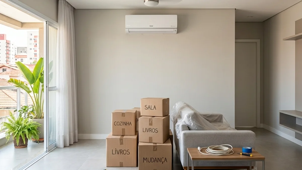 Mudanças e reformas. Interior de uma casa moderna no Brasil em fase de mudança e reforma, com caixas organizadas na sala