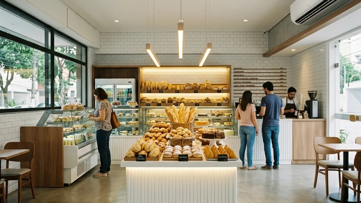 Padarias e mercados. Interior de uma padaria moderna no Brasil com balcões de pães frescos e vitrines refrigeradas