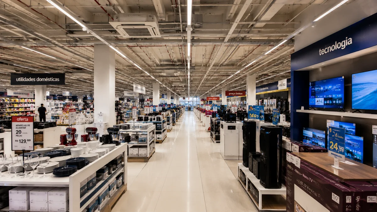 Redes de varejo. Interior de uma grande rede de varejo no Brasil, mostrando corredores amplos com produtos e seções refrigeradas