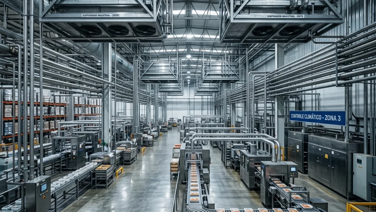 Indústrias alimentícias. Instalação de climatização e refrigeração industrial de alta capacidade em galpão de processamento no Brasil, mantendo controle térmico rigoroso e seguro