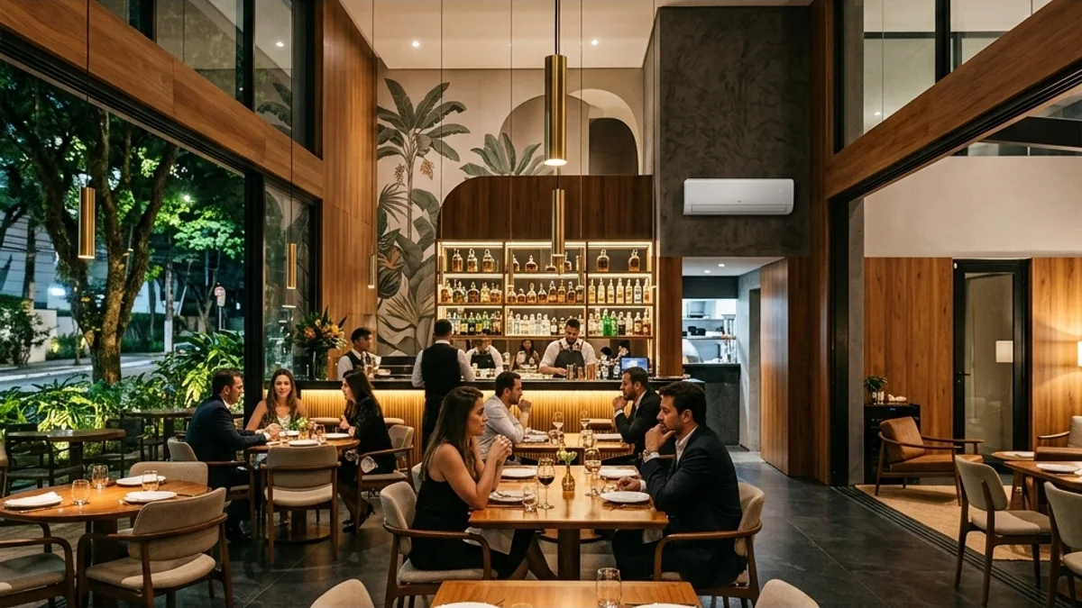 Restaurantes. Interior de restaurante e bar elegante e bem iluminado no Brasil, com salão amplo e confortável para os clientes