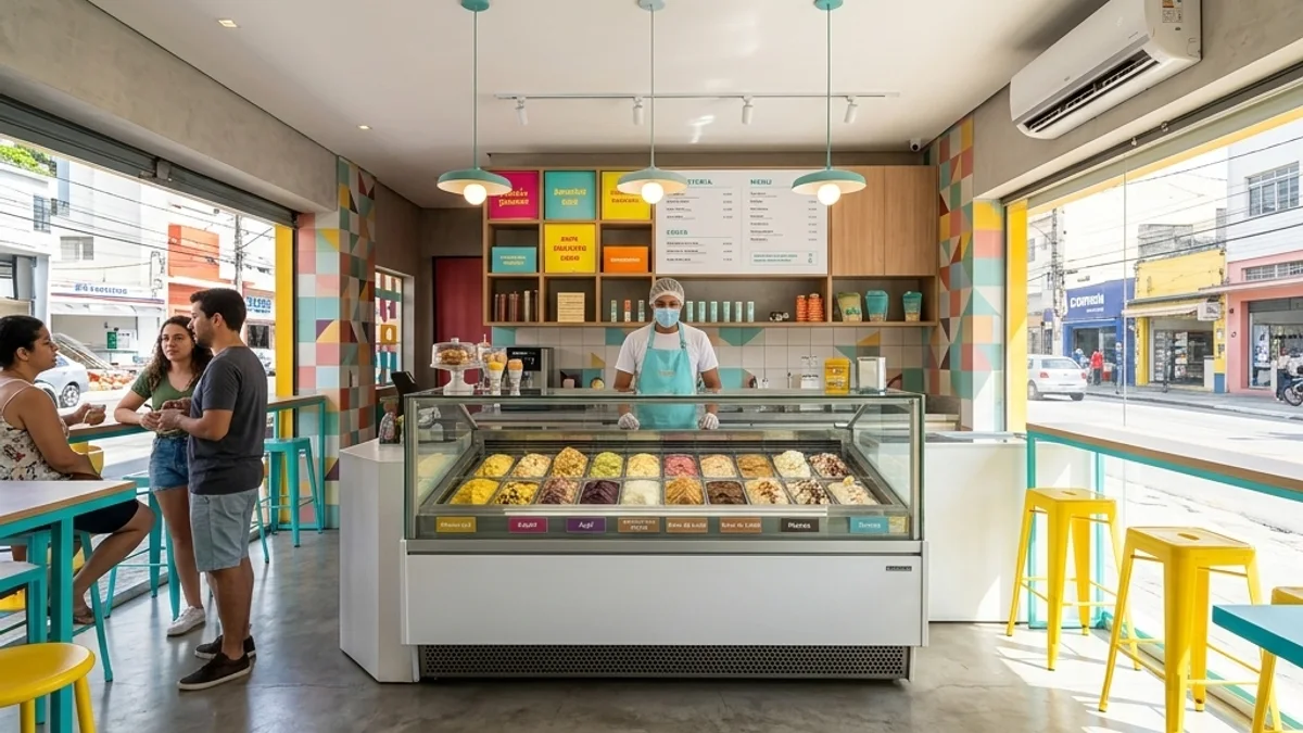 Sorveterias. Interior de uma sorveteria moderna e colorida no Brasil, destacando os balcões de sorvete e o ambiente fresco para os clientes
