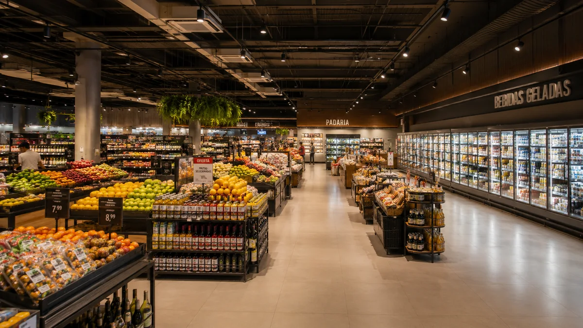 Supermercados. Interior de um grande supermercado moderno no Brasil, com corredores amplos, gôndolas e seções refrigeradas para os clientes