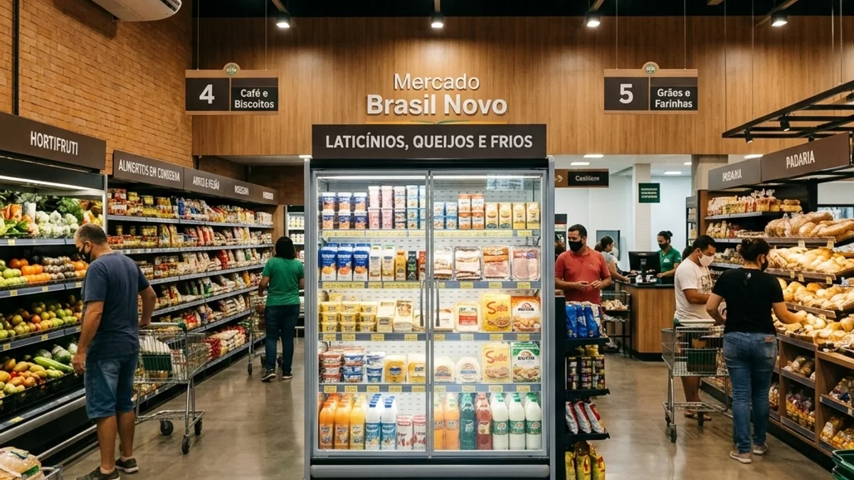Varejo alimentício. Interior de uma loja de varejo alimentício moderna no Brasil, com corredores organizados e seções refrigeradas