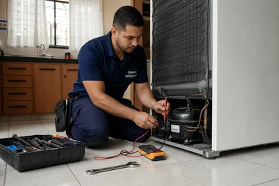 Técnico de uniforme Goiânia Refrigeração ajoelha na cozinha junto à traseira da geladeira, medindo o compressor com multímetro, ferramentas e chave no piso.